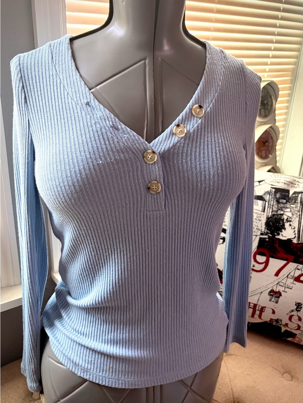 Lucky Brand Light Blue Ribbed Henley Long-Sleeve Top
